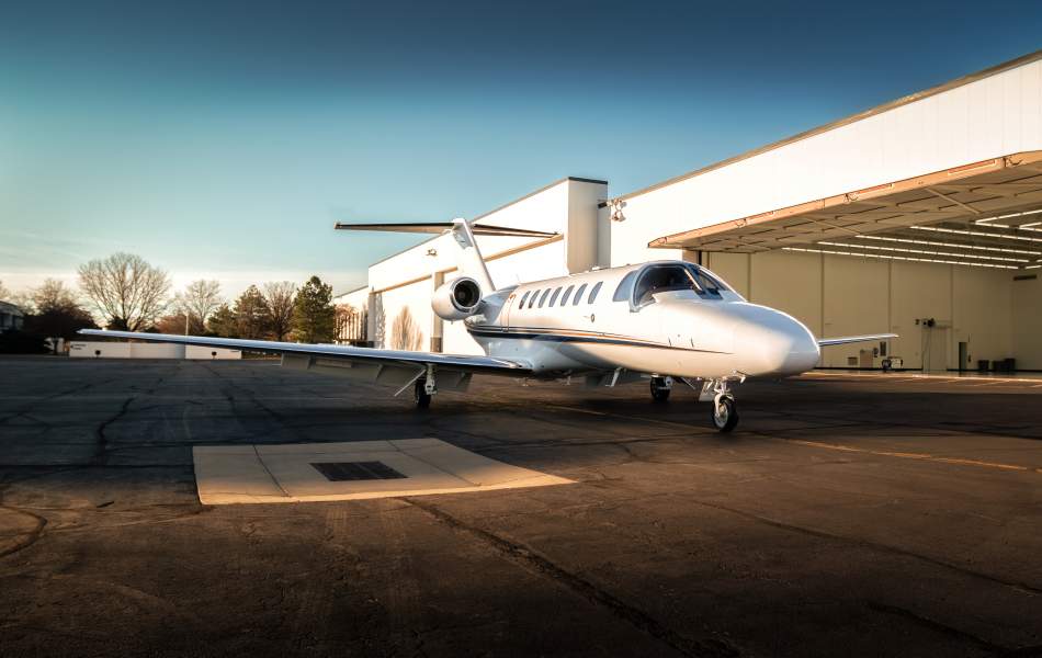 AirSprint front side view of CJ3+ plane in Wichita