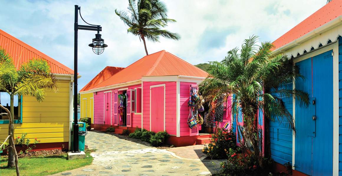 Brightly painted yellow, pink, and blue buildings surrounded by palm trees in Road Town, British Virgin Islands.