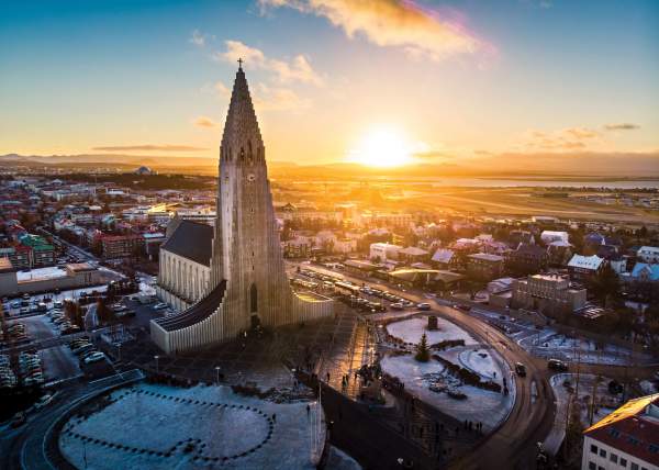 Hallgrimskirkja church and Reykjavik cityscape in Iceland aerial view