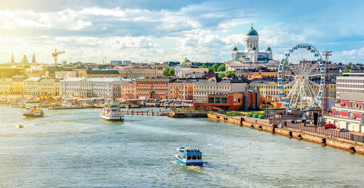 Helsinki cityscape featuring the iconic Cathedral and bustling Market Square.